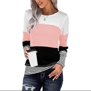 White, Peachy Pink & Black Striped thermal color block Top Sz M